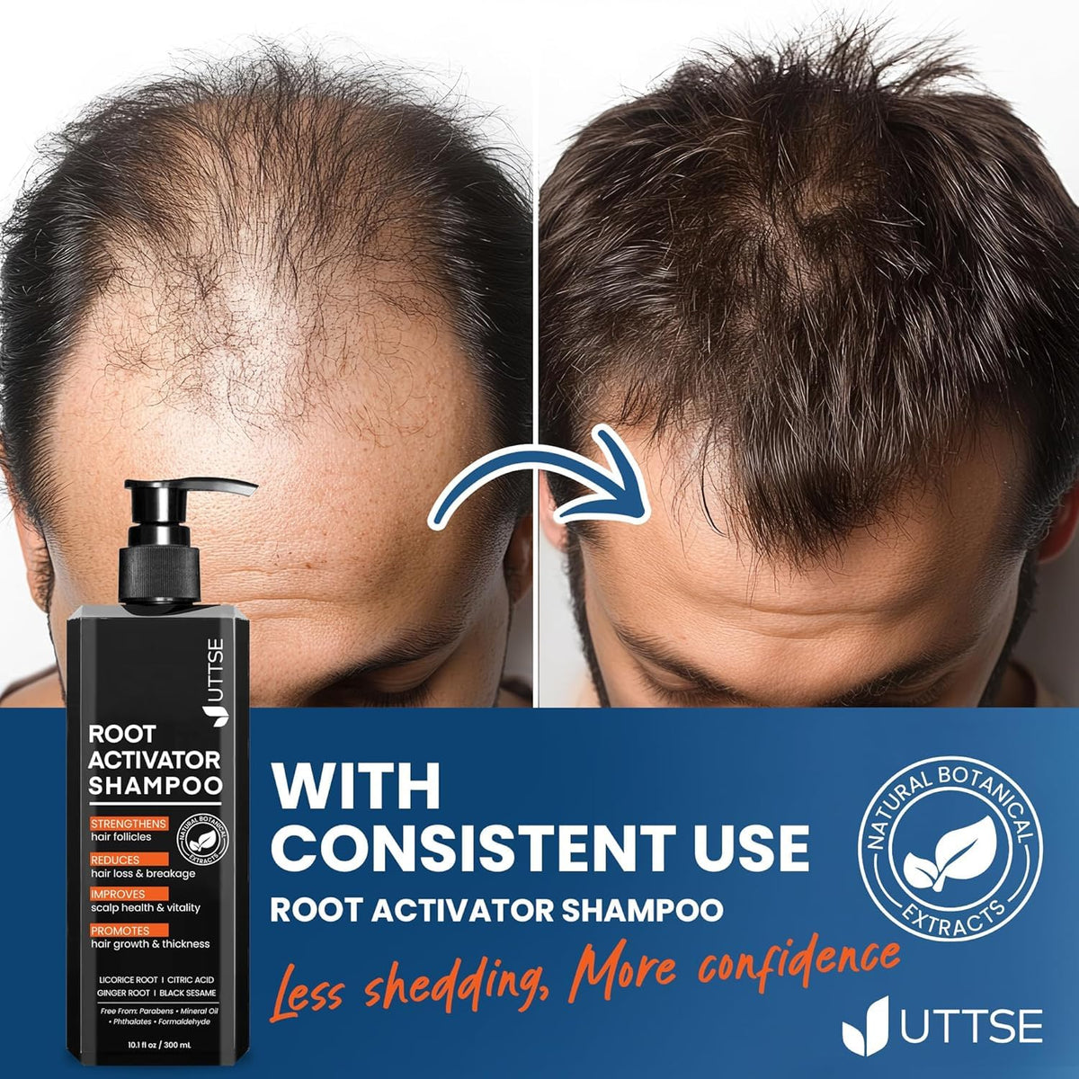 Uttse shampoo staged in modern bathroom conveying daily routine benefit