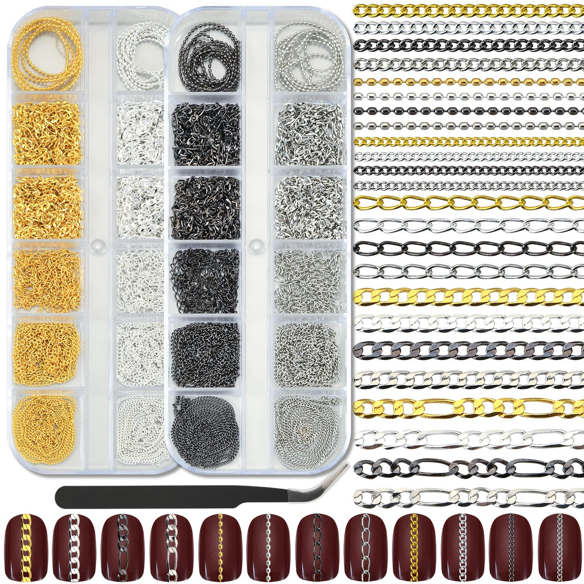 UWETIME front packaging showing full nail chain set and organized boxes for easy use