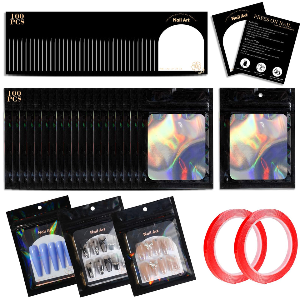 Uyolaxed front view of packaged press-on nails showing holographic appeal and protection