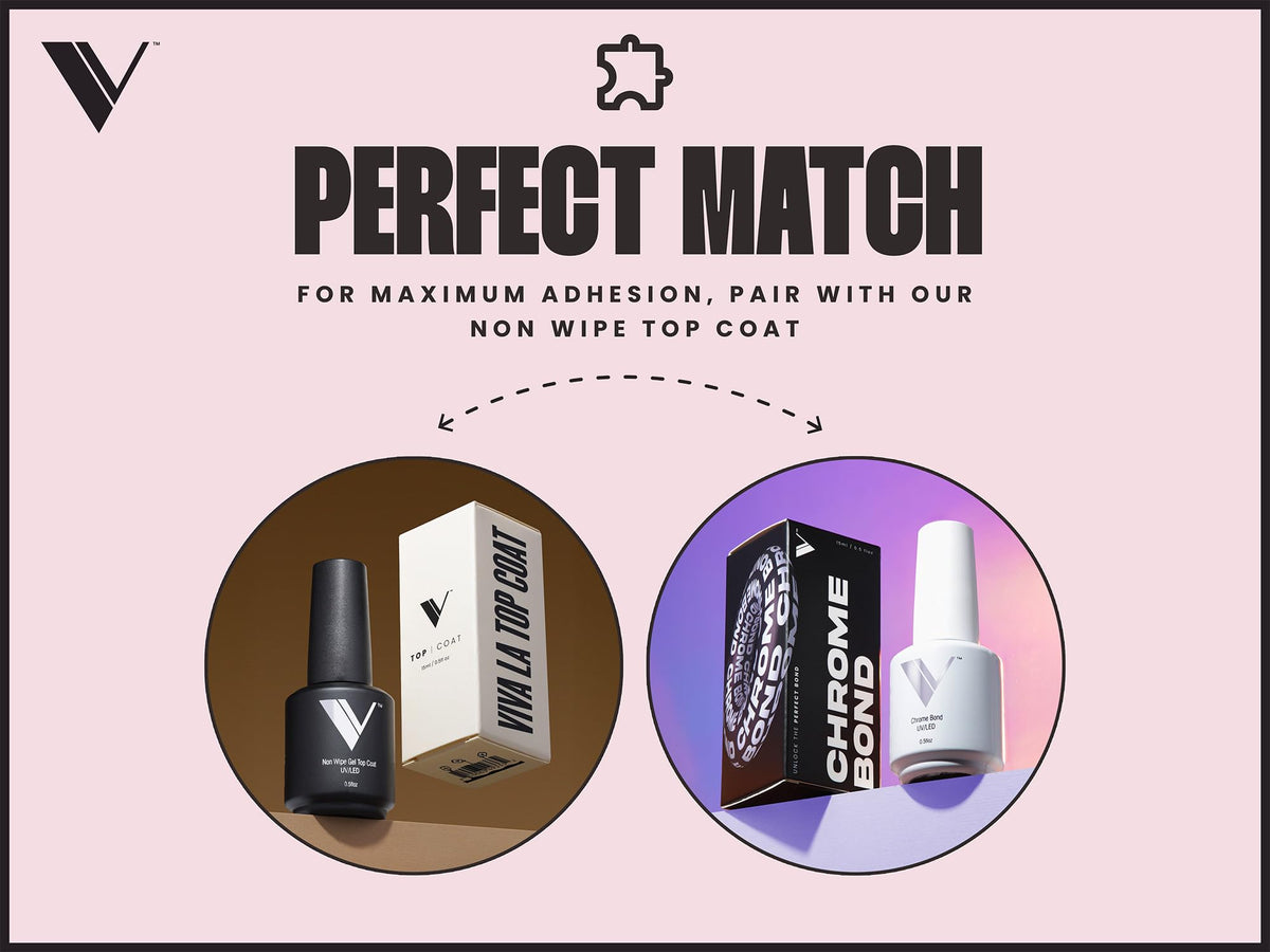 V Beauty Pure finished chrome nail displaying high-shine result and long-lasting retention