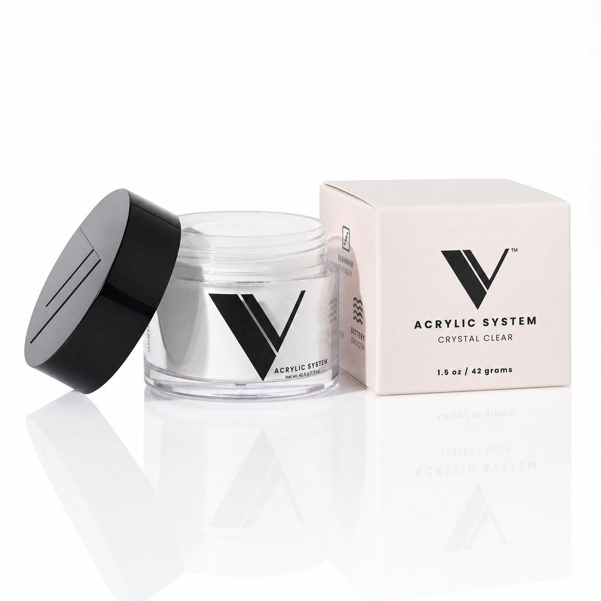 V Beauty Pure front jar showing product and clear finishing benefits