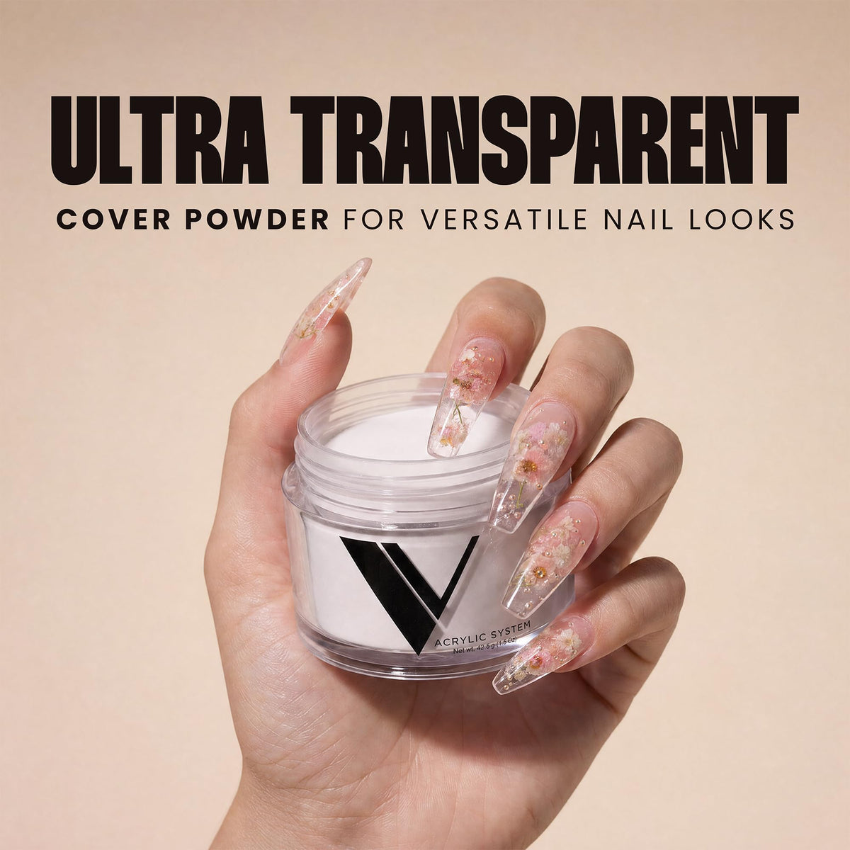 V Beauty Pure jar held in hand showing 1.5 oz size and professional convenience