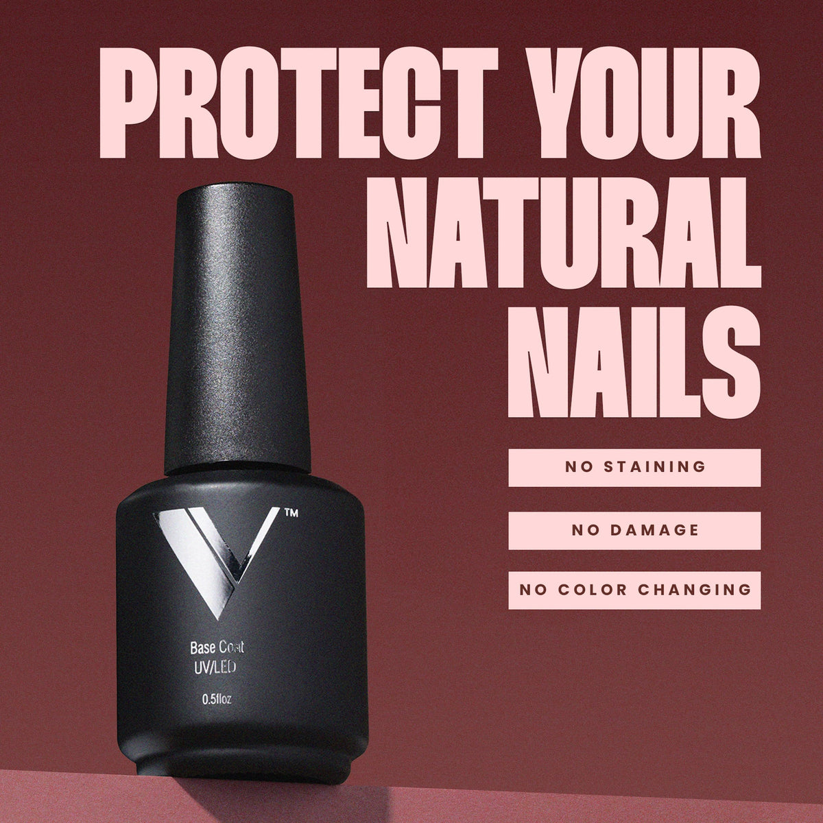 V Beauty Pure cured nail swatch demonstrating glossy finish and long-lasting adhesion