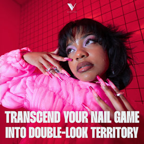 V Beauty Pure lifestyle manicure shot showing glossy rhinestone finish and salon-quality benefit