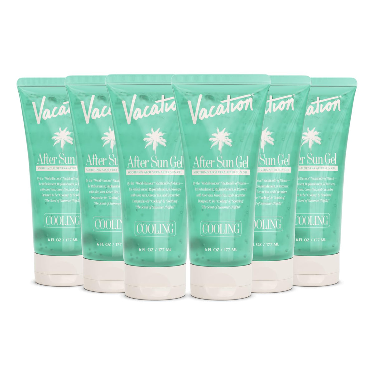 VACATION front packaging showing six mini after-sun tubes and travel convenience