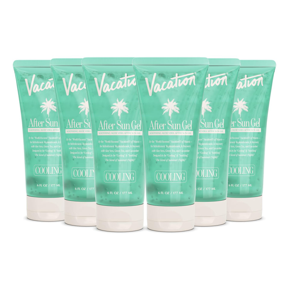VACATION front packaging showing six mini after-sun tubes and travel convenience