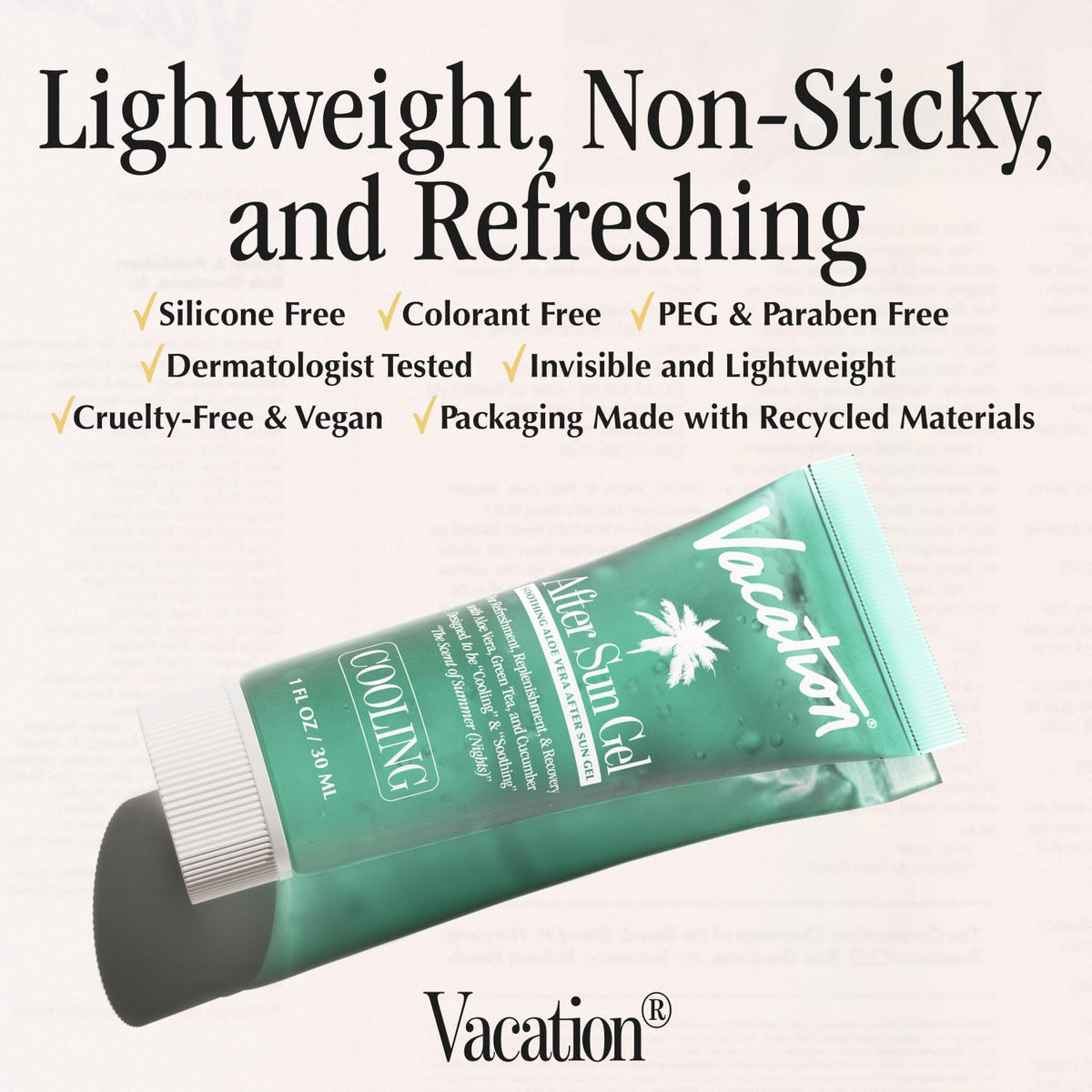 VACATION ingredients label with botanicals visible to show clean formulation