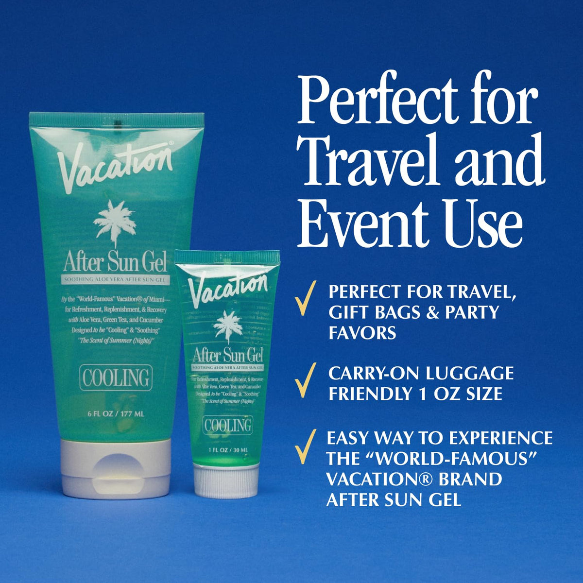 VACATION travel pouch holding tubes illustrating TSA-friendly portability benefit