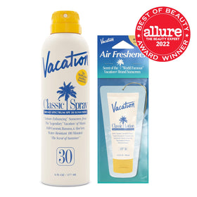 VACATION air freshener front packaging with fragrance branding and benefits