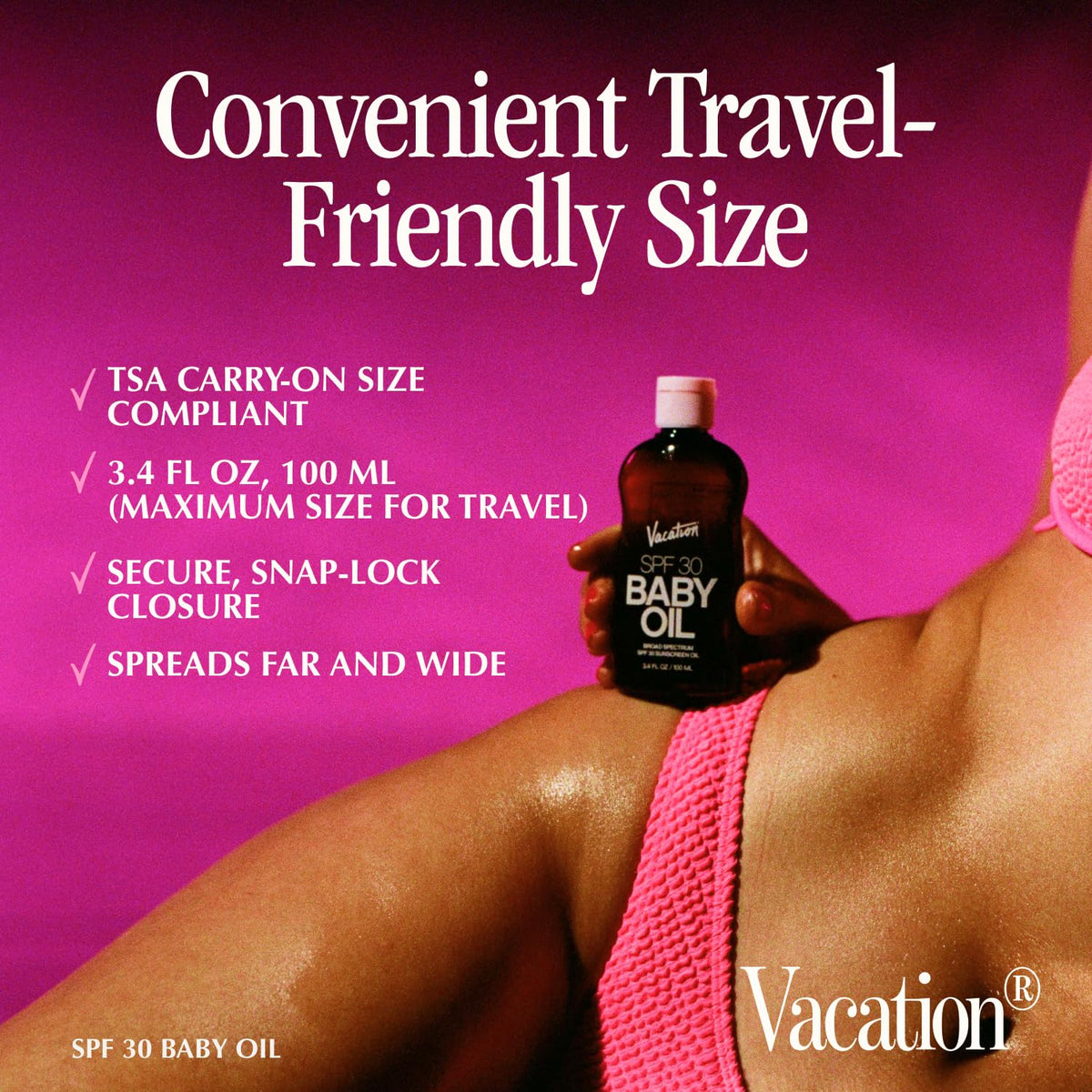 VACATION bottle cap and spray detail showing easy application benefit