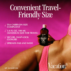 VACATION bottle cap and spray detail showing easy application benefit