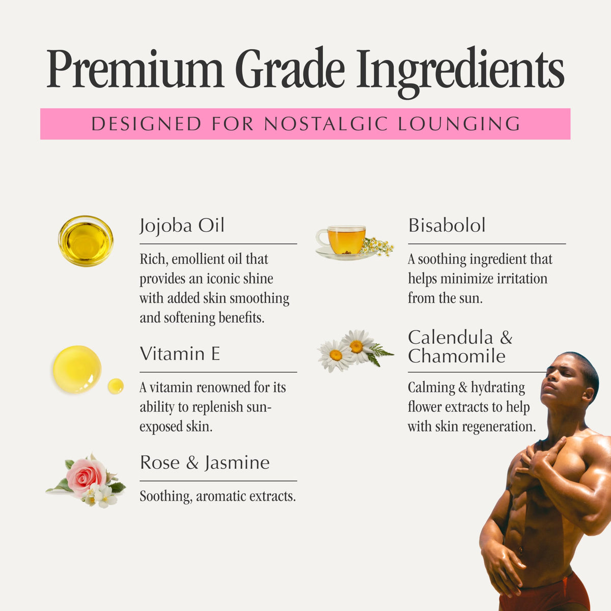 VACATION botanicals flatlay with jojoba and chamomile showing soothing ingredients benefit