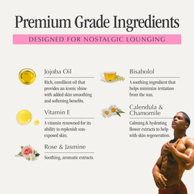 VACATION botanicals flatlay with jojoba and chamomile showing soothing ingredients benefit
