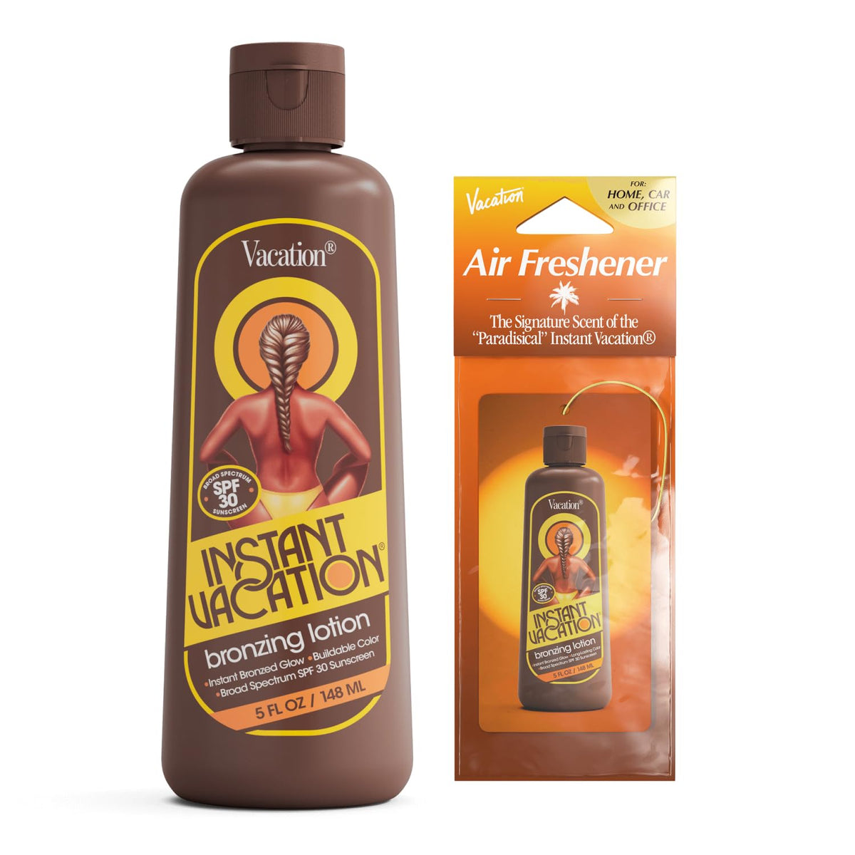 VACATION bottle front packaging showing SPF 30 and instant bronzing benefits