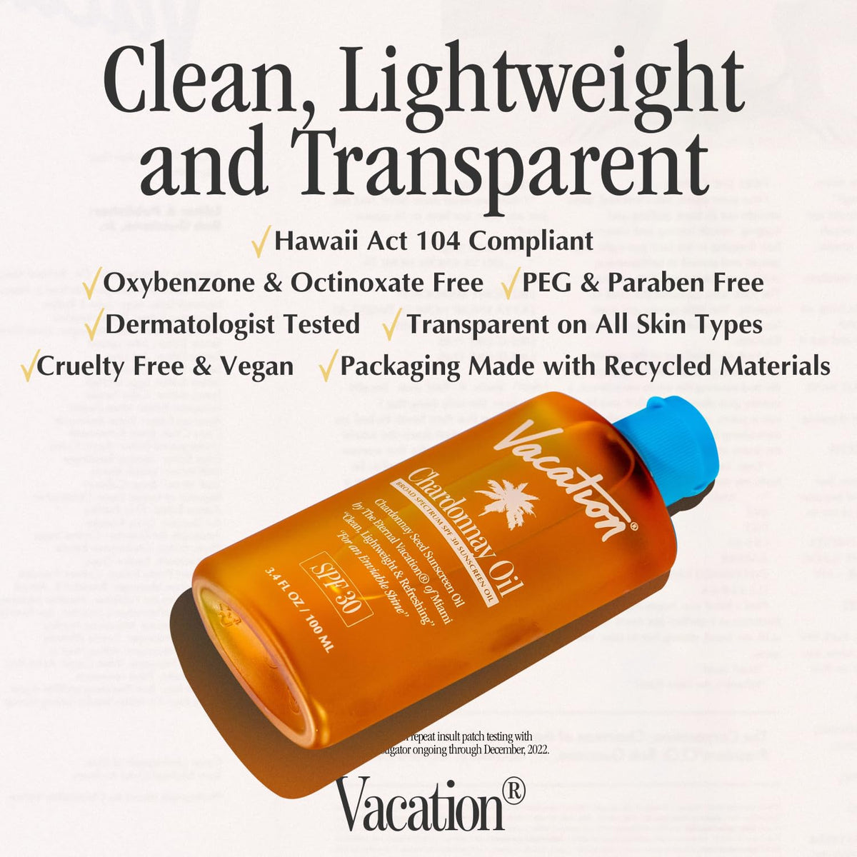 VACATION label close-up listing natural oils and SPF compliance benefits