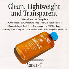 VACATION label close-up listing natural oils and SPF compliance benefits