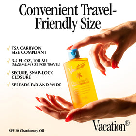 VACATION oil being applied to arm demonstrating easy sunscreen application