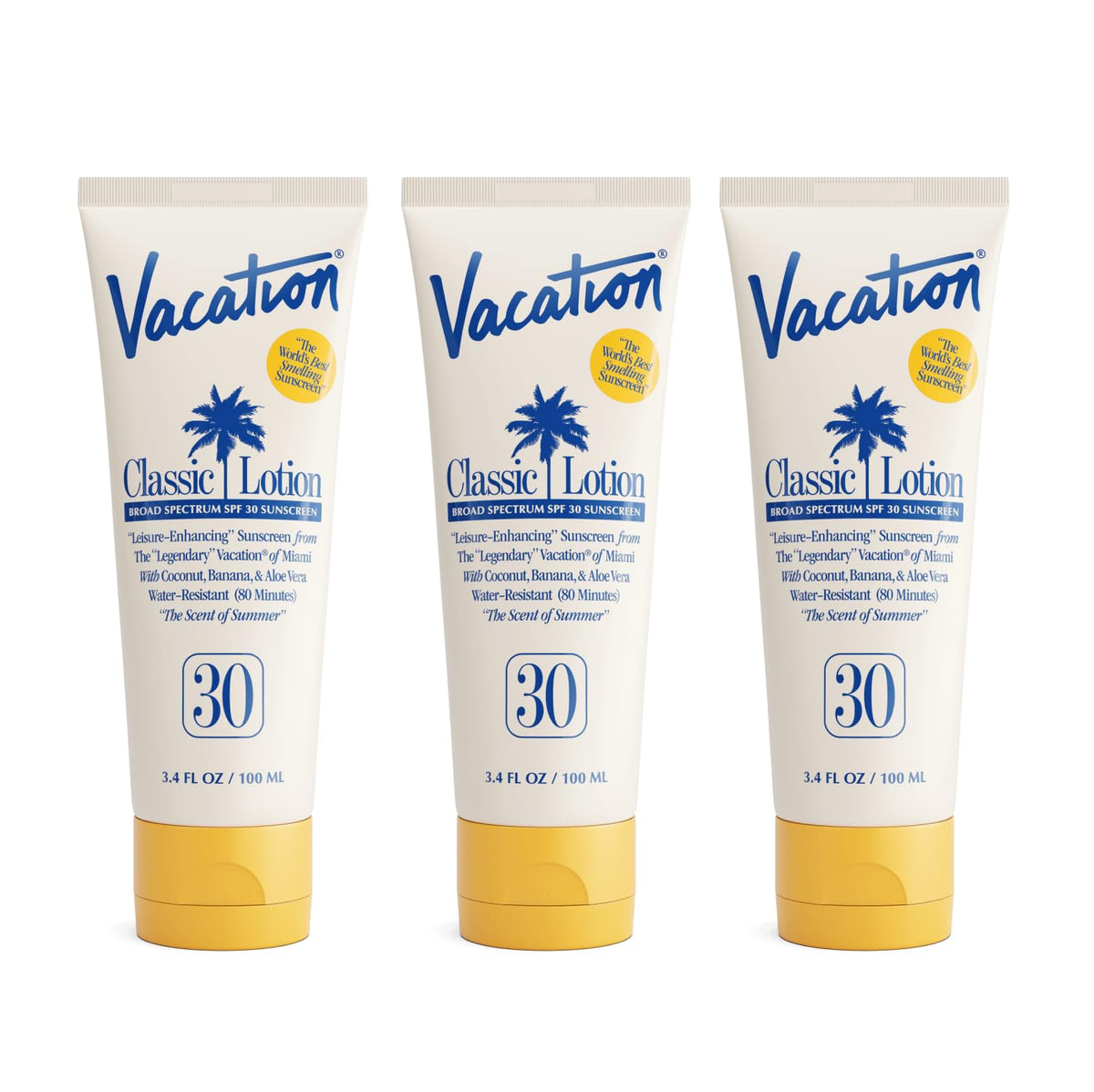 VACATION front packaging showing three travel-size bottles for convenient protection