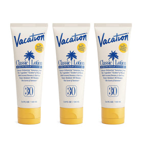 VACATION front packaging showing three travel-size bottles for convenient protection