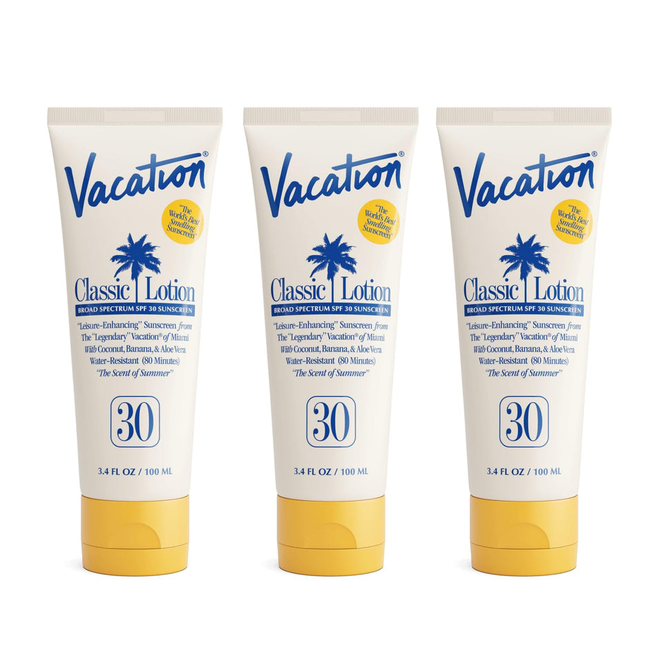 VACATION front packaging showing three travel-size bottles for convenient protection