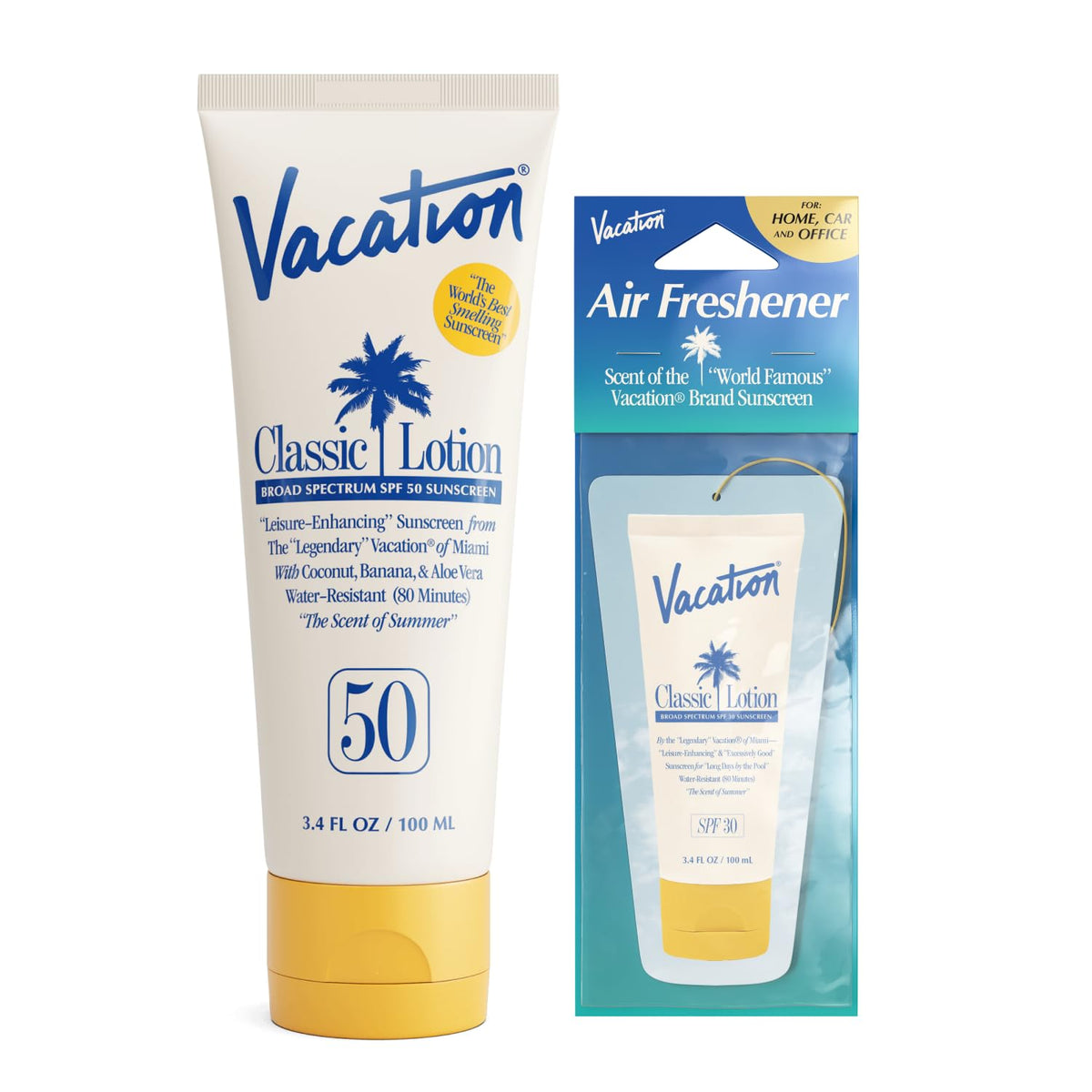 VACATION front packaging showing compact SPF 50 and scent, travel-friendly protection