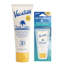 VACATION front packaging showing travel-size SPF 30 and benefits