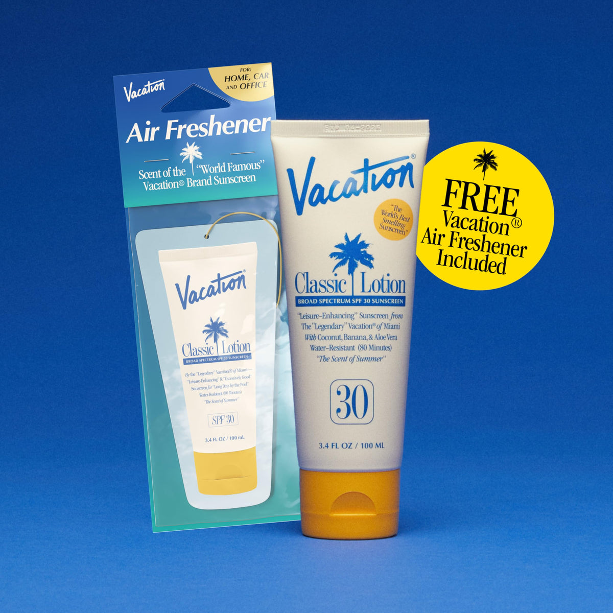 VACATION label detail highlighting clean ingredients and SPF information