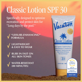 VACATION lotion texture close-up illustrating fast-absorbing, non-greasy finish