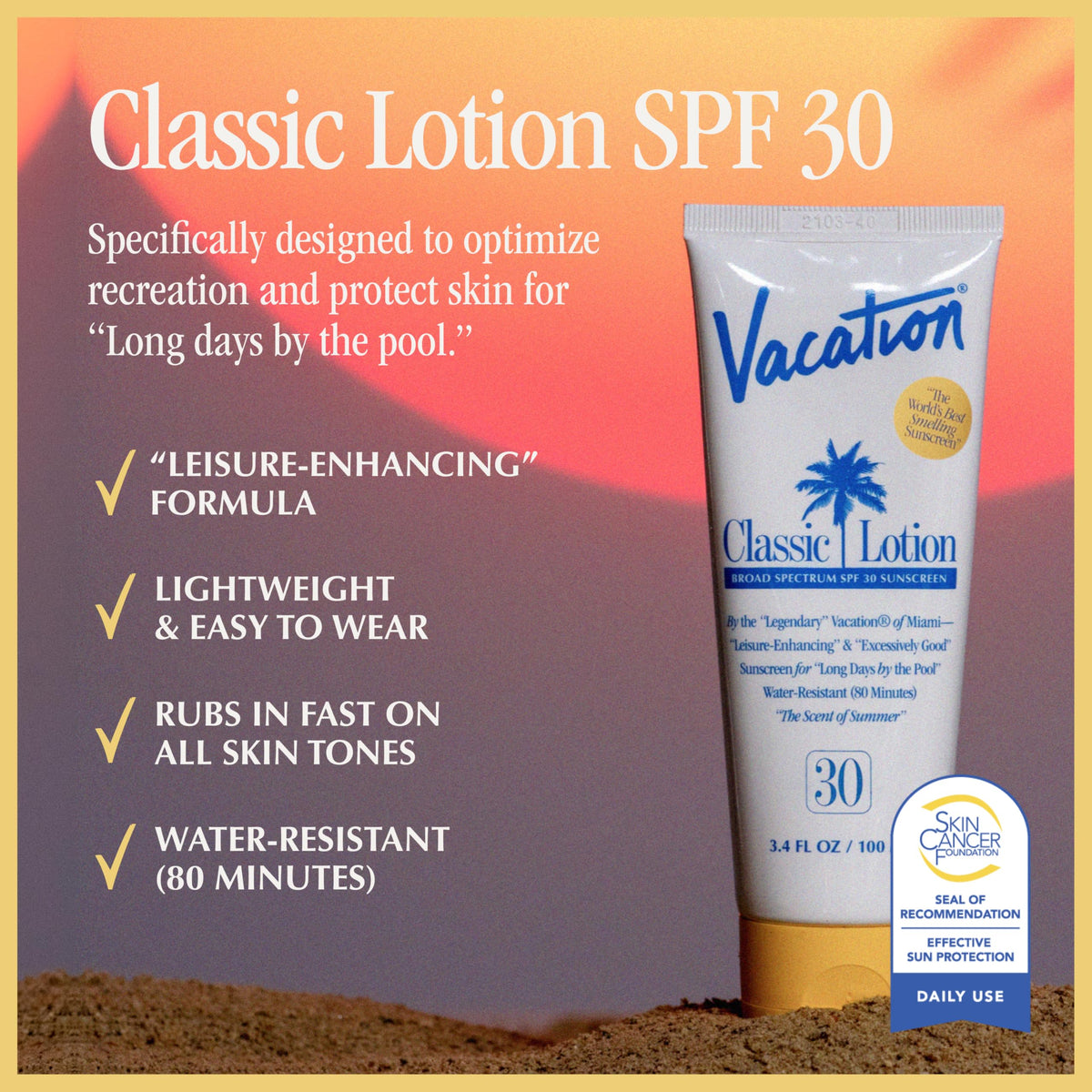 VACATION lotion texture close-up showing lightweight, fast-absorbing finish