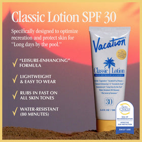 VACATION lotion texture close-up showing lightweight, fast-absorbing finish