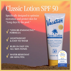 VACATION lotion texture close-up illustrating lightweight feel and fast absorption benefit