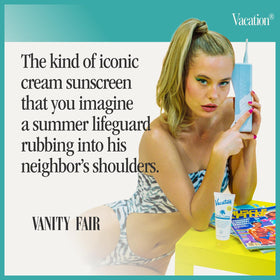 VACATION sunscreen near water illustrating 80-minute water-resistant benefit