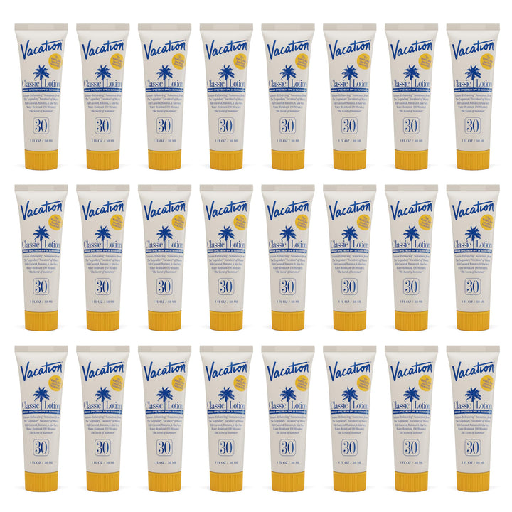 Vacacion front packaging showing compact 1oz tubes and SPF protection benefit