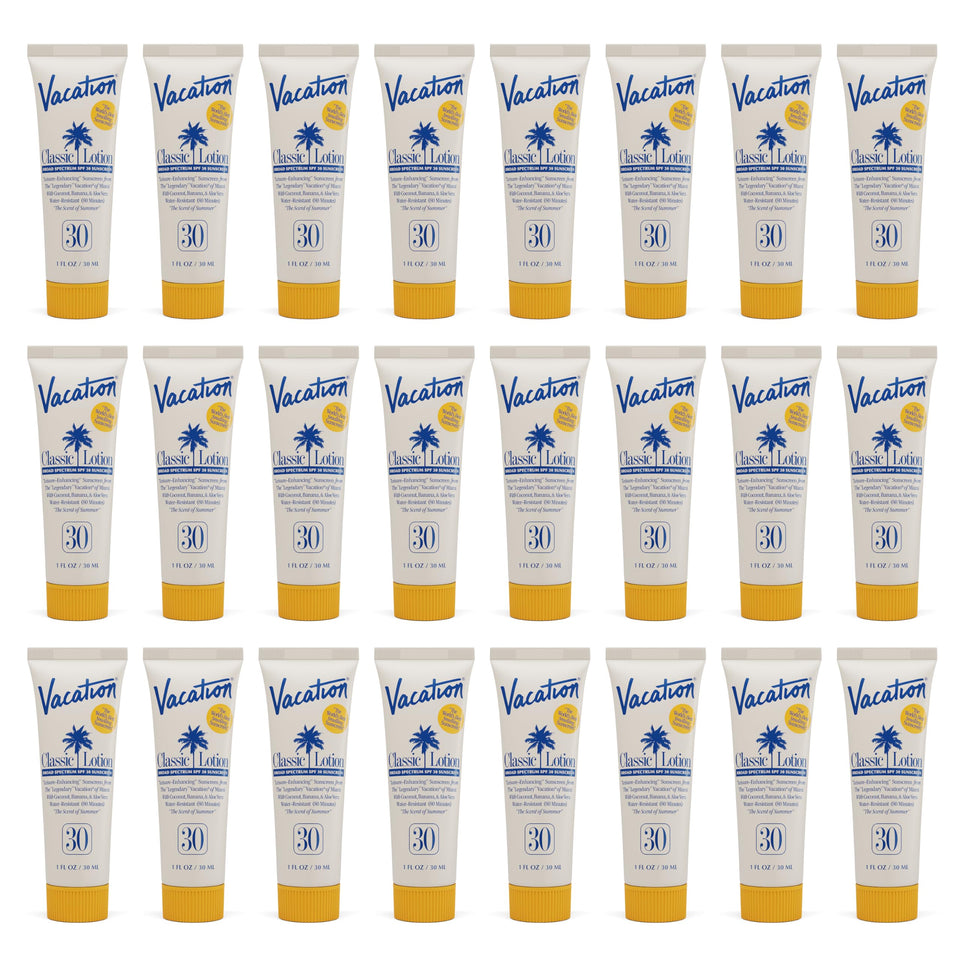 Vacacion front packaging showing compact 1oz tubes and SPF protection benefit