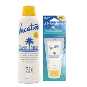 VACATION front packaging showing SPF 50 and scent, clear bottle for quick identification
