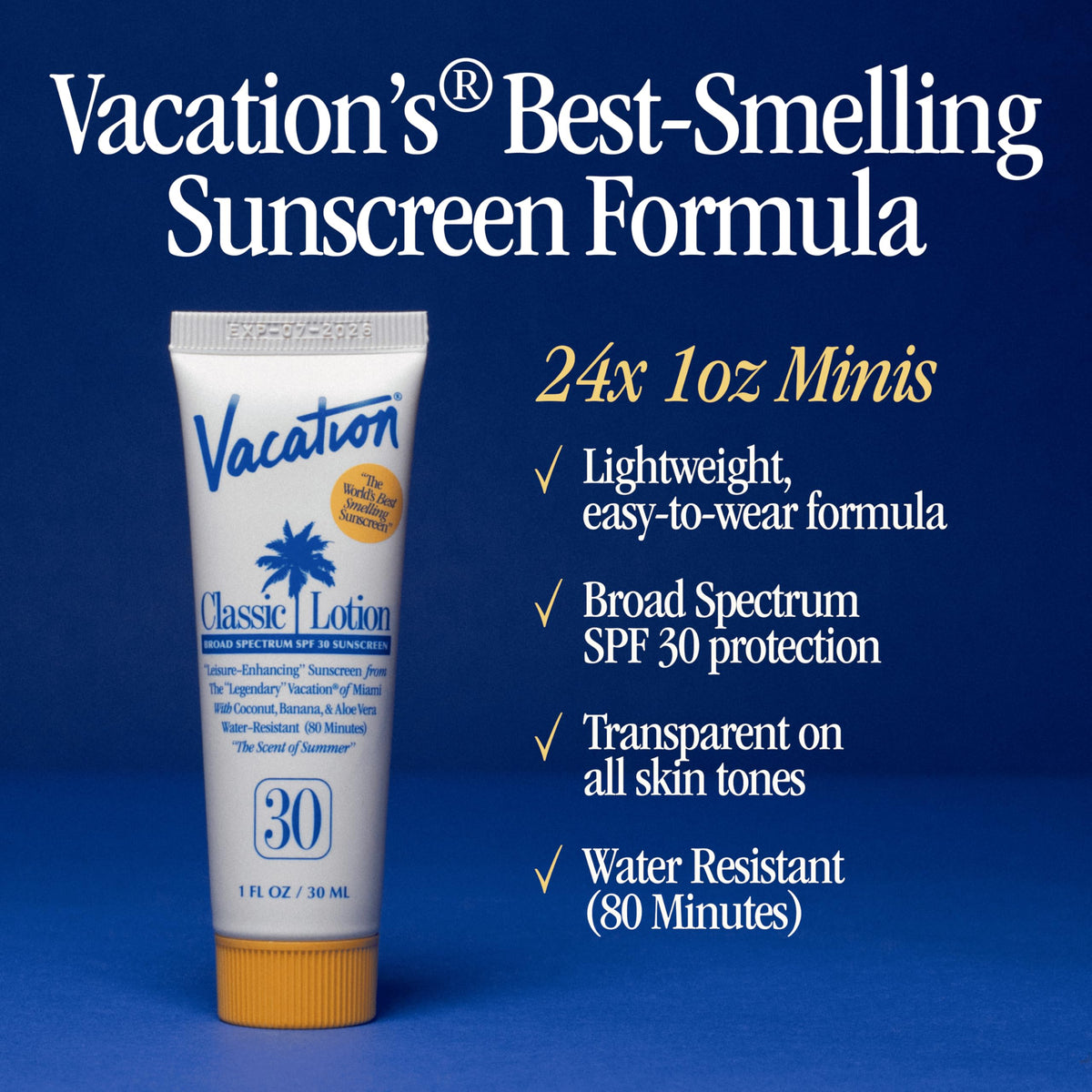 Vacation ingredient flatlay with coconut aloe vitamins highlighting moisturizing benefit
