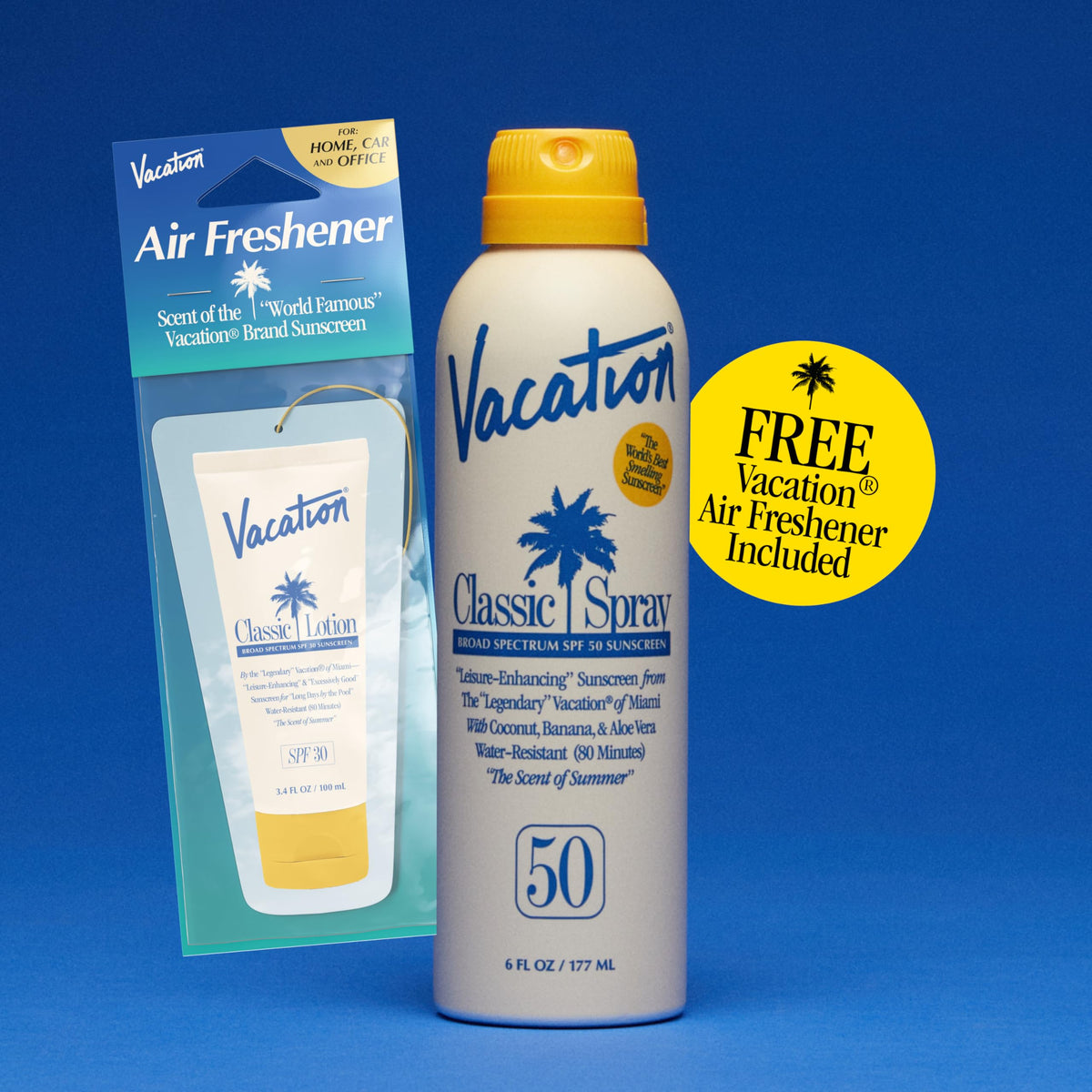 VACATION ingredient label close-up showing vegan, oxybenzone-free formulation benefits