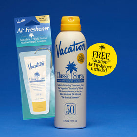 VACATION ingredient label close-up showing vegan, oxybenzone-free formulation benefits