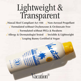 VACATION ingredients label close-up highlighting vegan, reef-friendly formula
