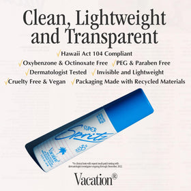 VACATION label and ingredients panel highlighting clean formulation
