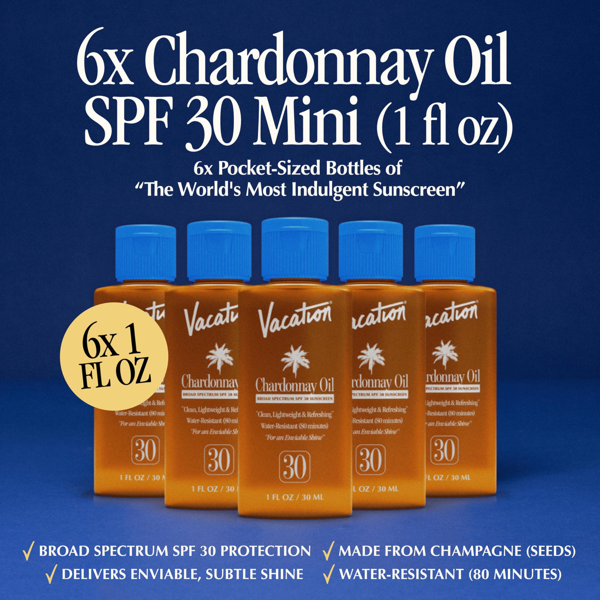Vacation bottle close-up label highlighting SPF and Grand Cuvée scent benefits