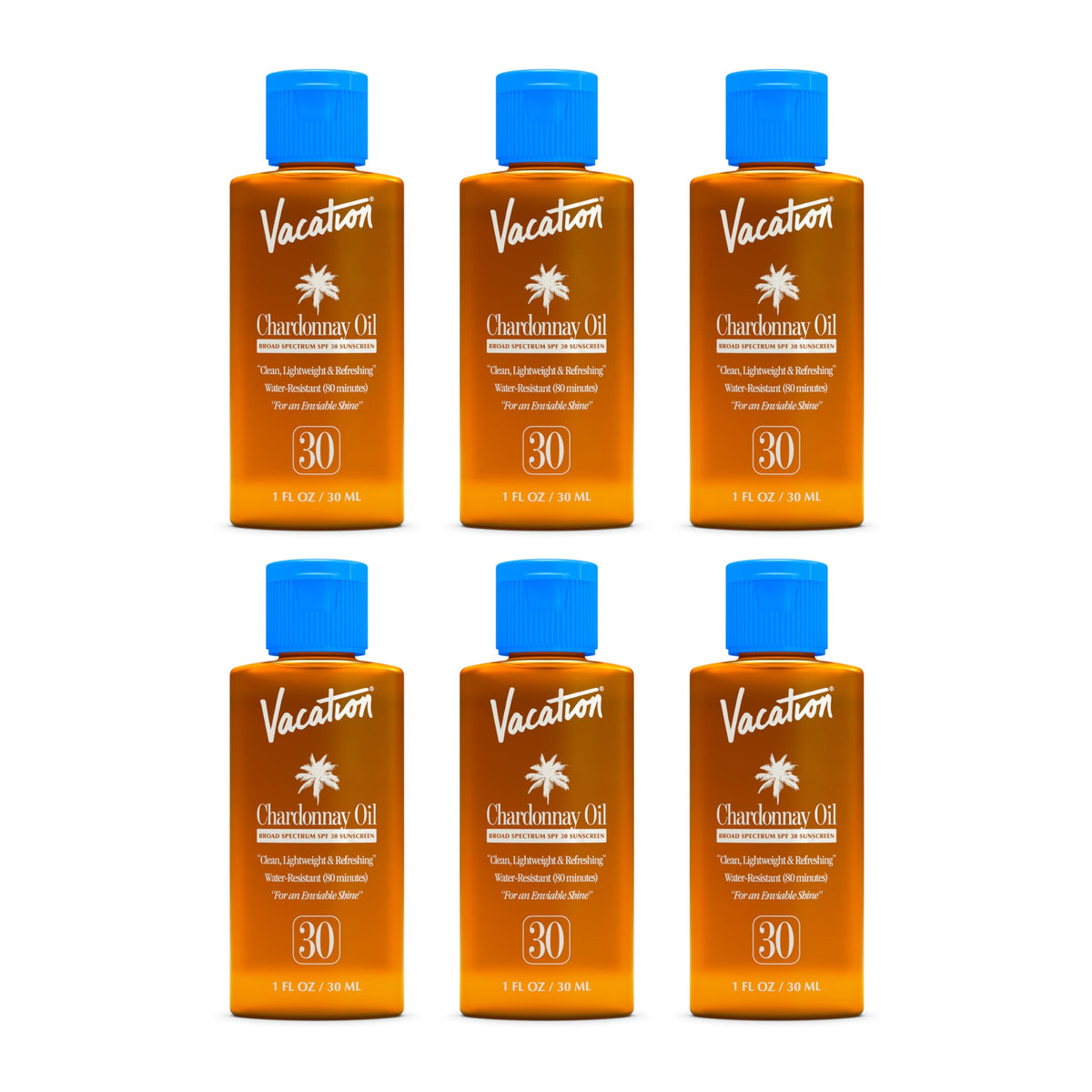 Vacation front packaging showing six mini sunscreen oil bottles and travel convenience