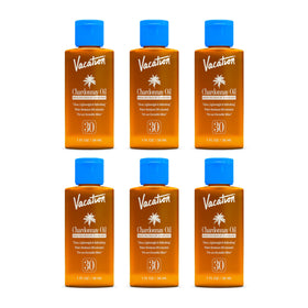 Vacation front packaging showing six mini sunscreen oil bottles and travel convenience