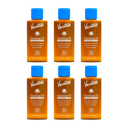 Vacation front packaging showing six mini sunscreen oil bottles and travel convenience