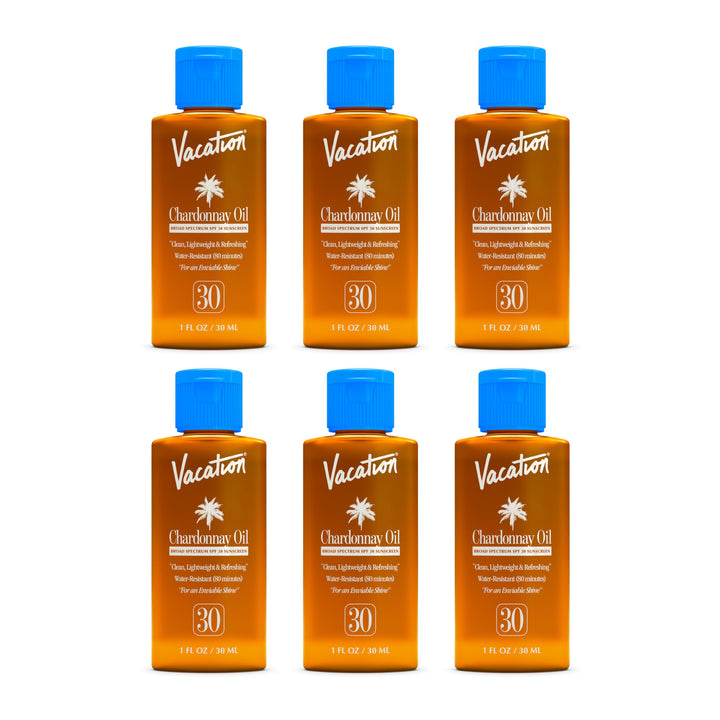 Vacation front packaging showing six mini sunscreen oil bottles and travel convenience
