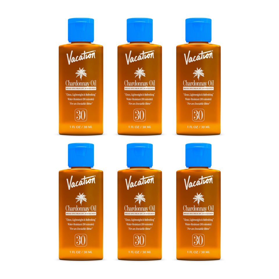 Vacation front packaging showing six mini sunscreen oil bottles and travel convenience