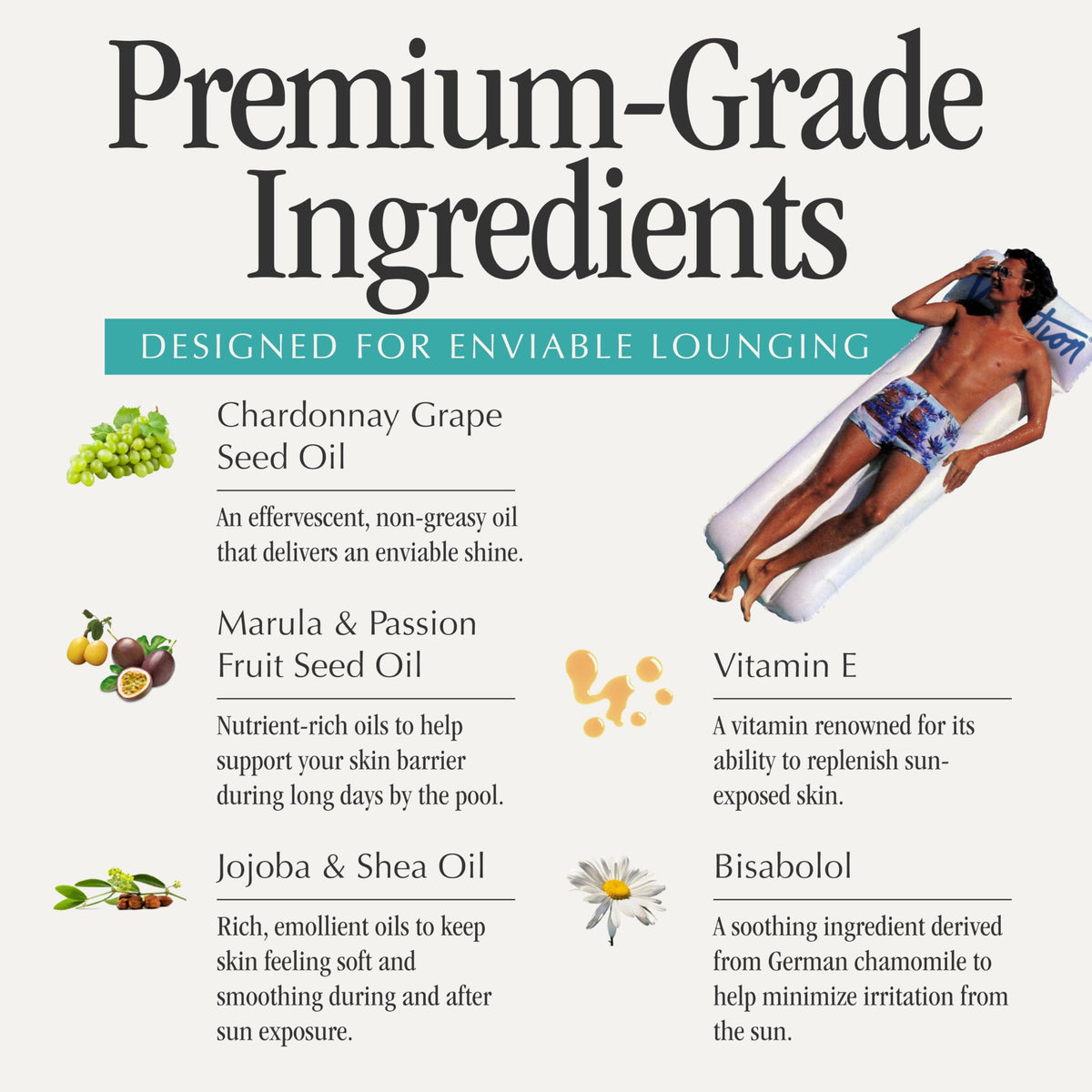 Vacation ingredients display with grapeseed and botanical oils for nourishment