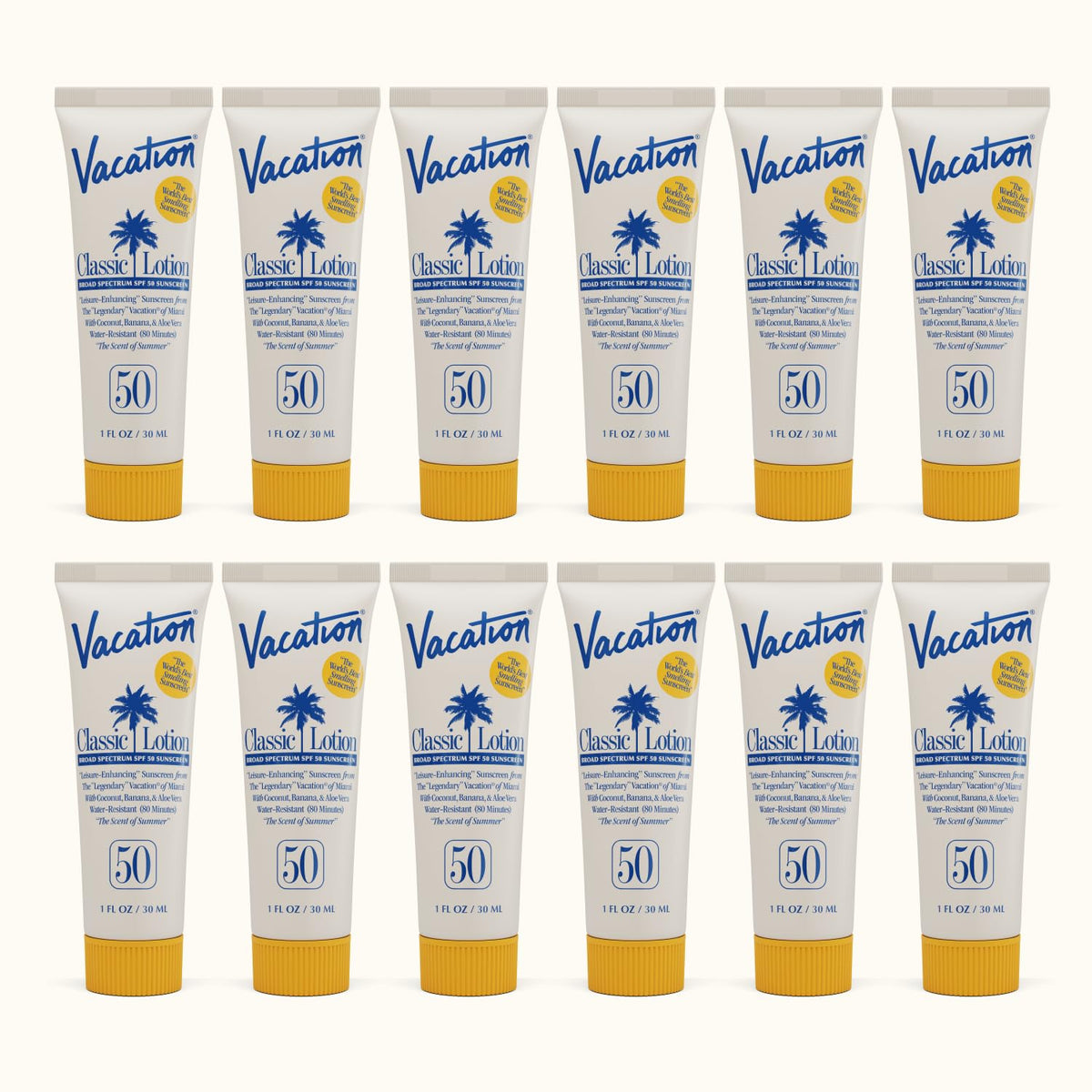 VACATION mini front packaging showing 12 tubes and SPF 50 protection