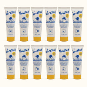 VACATION mini front packaging showing 12 tubes and SPF 50 protection