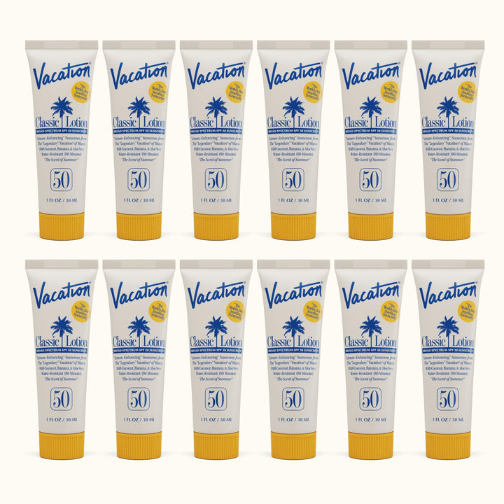 VACATION mini front packaging showing 12 tubes and SPF 50 protection